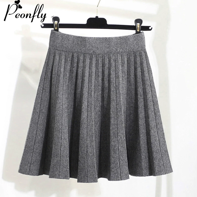 PEONFLY Трикотажные Теплые юбки женские Высокая талия плиссированные сексуальные мини юбки женские черные Хаки серые юбки осень зима