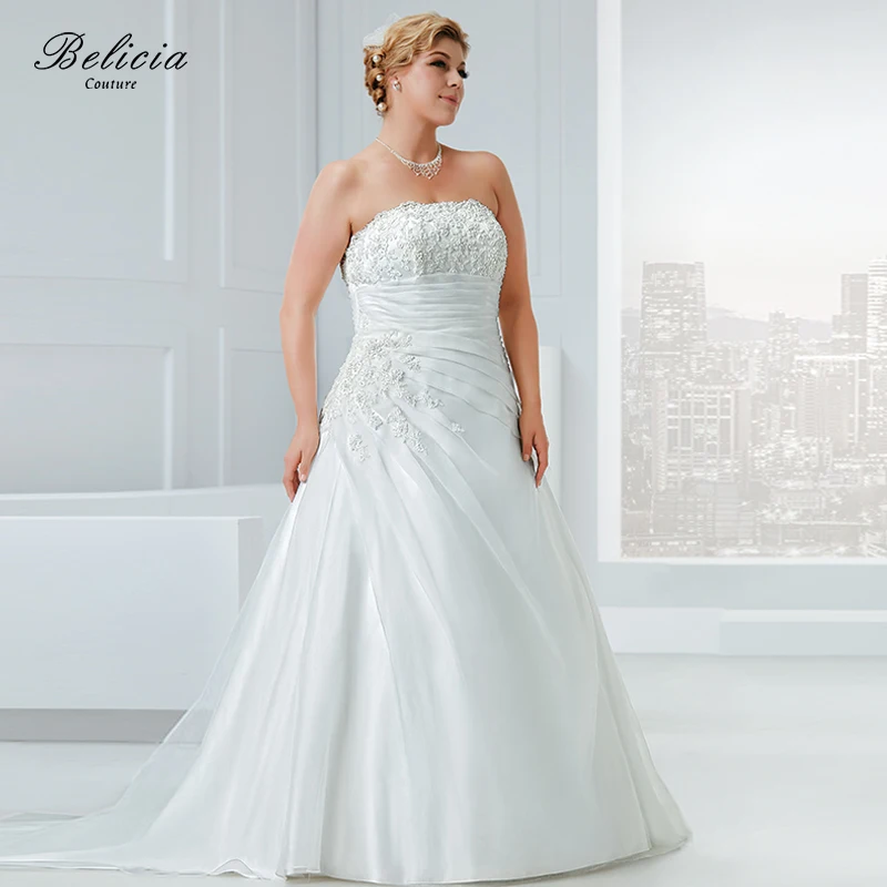 Belicia couture свадебное платье плюс Размеры органза Бисер аппликации без Бретелек Пол