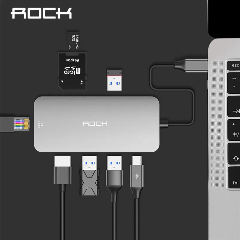 

ROCK Thunderbolt 3 Dock USB-C Hub Adapter Type C to 3.0 Hub HDMI Type-C Converter for MacBook Huawei Mate 20 Pro USB-C Adapter