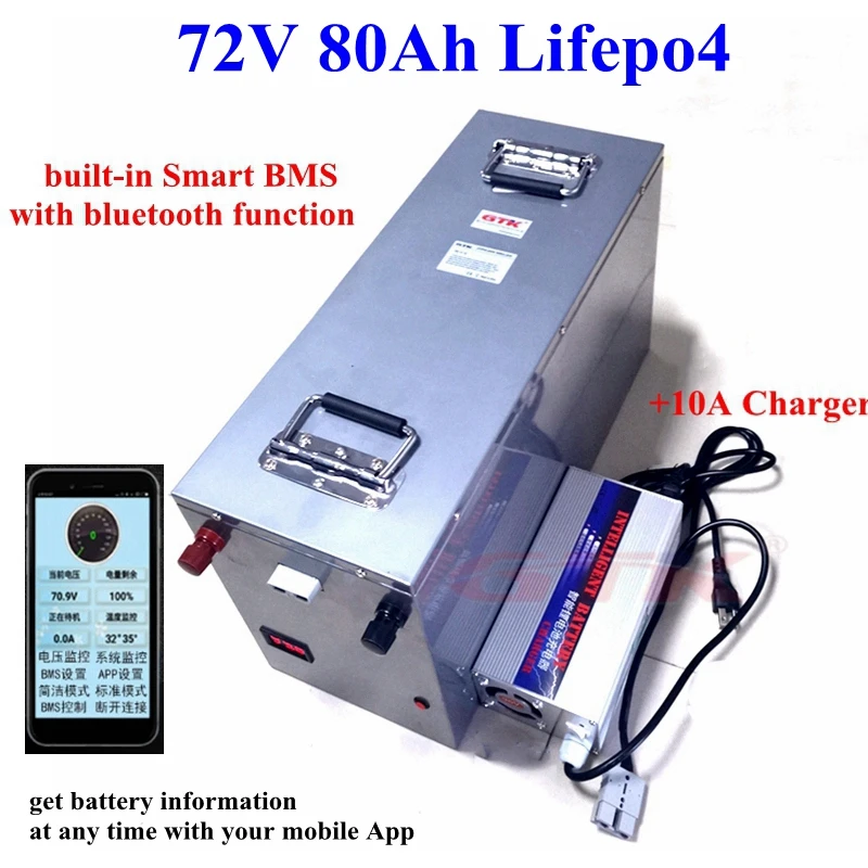 New 72V 80ah Lifepo4 lithium battery pack BMS with bluetooth for 8000W RV Automobile motorcycle boat golf cart+10A Charger | Электроника
