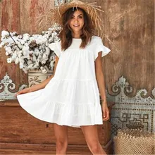 Модные повседневные женские летние платья с коротким рукавом, мини платье на бретелях, милый свободный пляжный сарафан, красный, белый, желтый