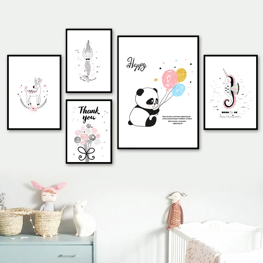 

Panda Mermaid Unicorn Deer Balloon Flower Canvas Painting Wall Art Nordic Posters And Prints Wall Pictures Baby Kids Room Decor