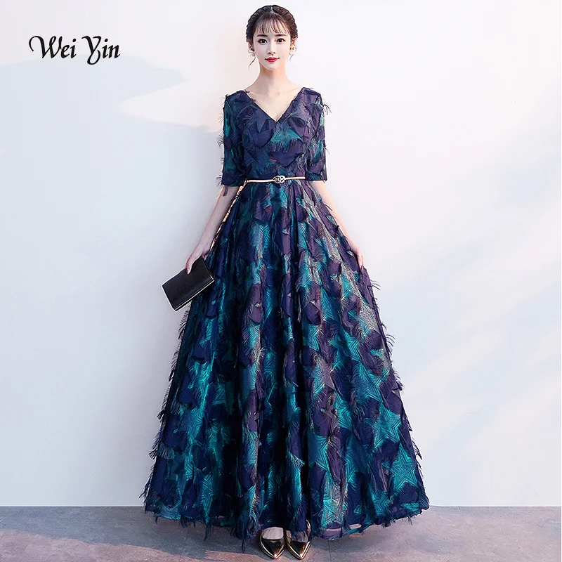 

weiyin 2019 Green Long Evening Dress Elegant V-neck Half Sleeve Lace Party Long Prom Dresses WY1158