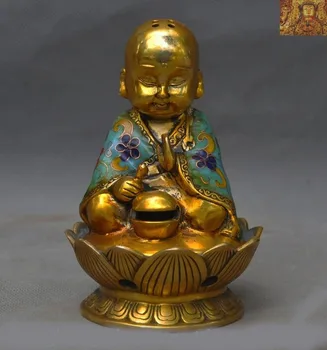 

wedding decoration Old China bronze Cloisonne Gilt small Buddhist monk statue Incense burner Censer