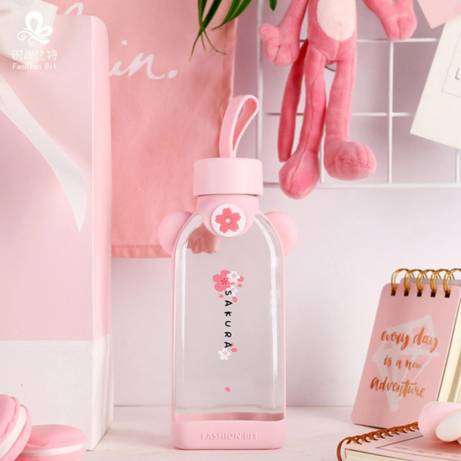 Kawaii Cute Glass Water Bottle Portable Rope Travel Mini Glass Cup Cactus Flamingo Girls School Office Glass Cup