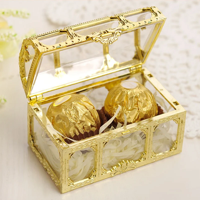 100 шт коробка конфет Золотой серебристый прозрачный подарочные коробки пластиковый сундук сокровища Свадебные украшения в подарок DHL для хранения FedEx