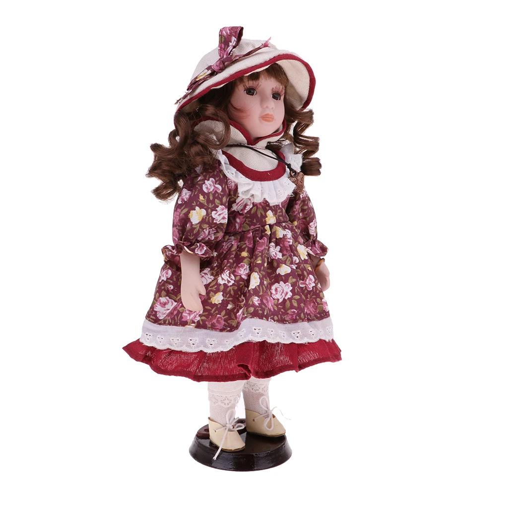 30cm Porcelain Doll Victorian Girl Standing Figures with Wooden Stand Kids Adult Collections Porcelain Dolls Collectible