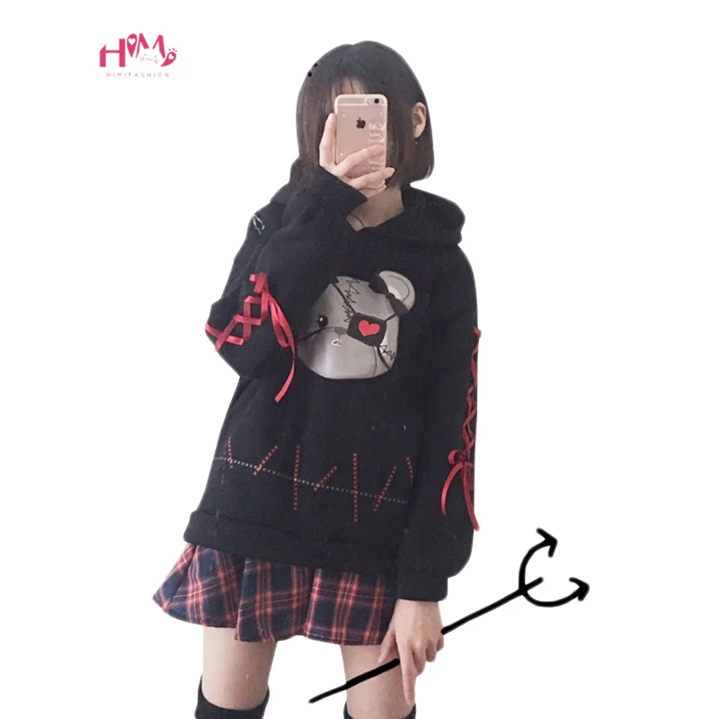 Harajuku Kawaii черные худи для женщин осень лолита одежда с капюшоном Кофты Японский