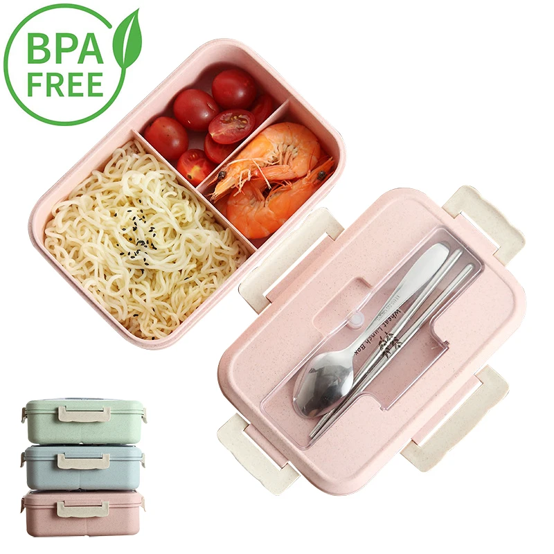 

BPA Free Lunch Box Eco-friendly Material Wheat Straw Portable Microwaveble Bento Box Food Storage Container With Tableware