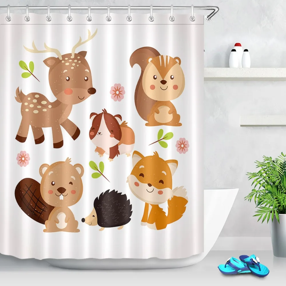 Funny Cartoon Cute Animal Shower Curtain White Bathroom Extra Long