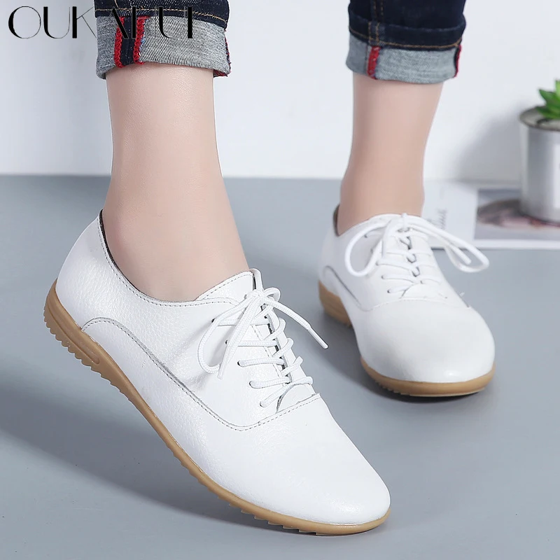 

OUKAHUI Spring Autumn Genuine Leather Flat Lace-Up Oxfords Shoes For Women Flats Round Toe Fashion White Casual Shoes Woman New