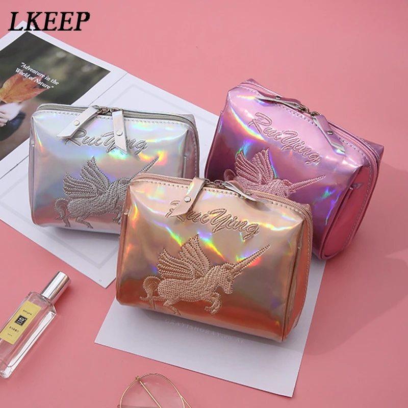 

2018 New Women Makeup Bag Unicorn Laser Bling Cosmetic Bag Zipper Small Hand Bags Women Clutch Travel Kits Organizers