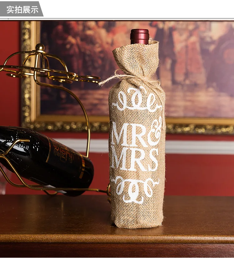 

50pcs/Lot MR & MRS Burlap Jute Wine Bottle Bag Champagne Sleeve Holder Gifts Bags rustic vintage wedding decoration centerpieces