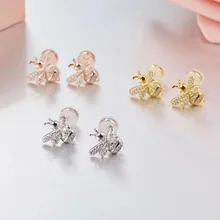 SLJELY/Настоящее серебро 925 пробы, золотистый цвет, милые пчелиные сережки-гвоздики с инкрустацией, Циркон CZ, женские брендовые дизайнерские модные вечерние ювелирные изделия