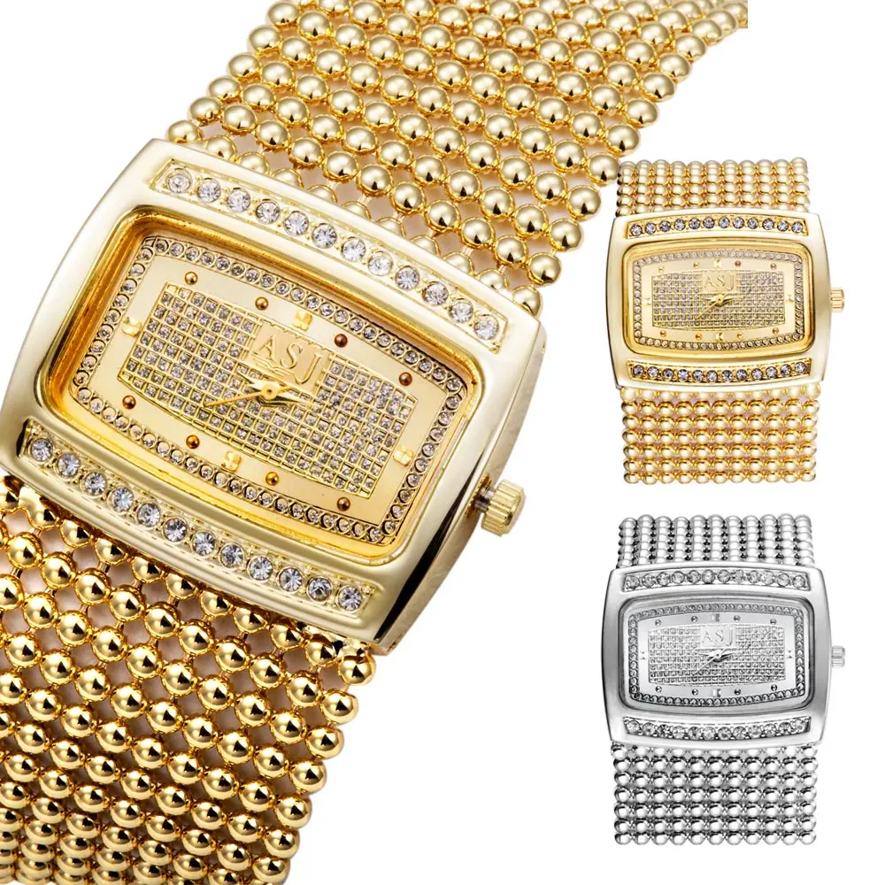 New 2016 Japan Movt Women Dress Watch, Diamante Case Gold Silver Band