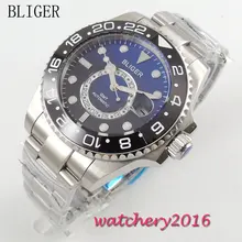 43mm Bliger black blue Dial Stainless Steel Date Adjust GMT Sapphire Glass Luminous Hands Automatic Movement Mens Watch