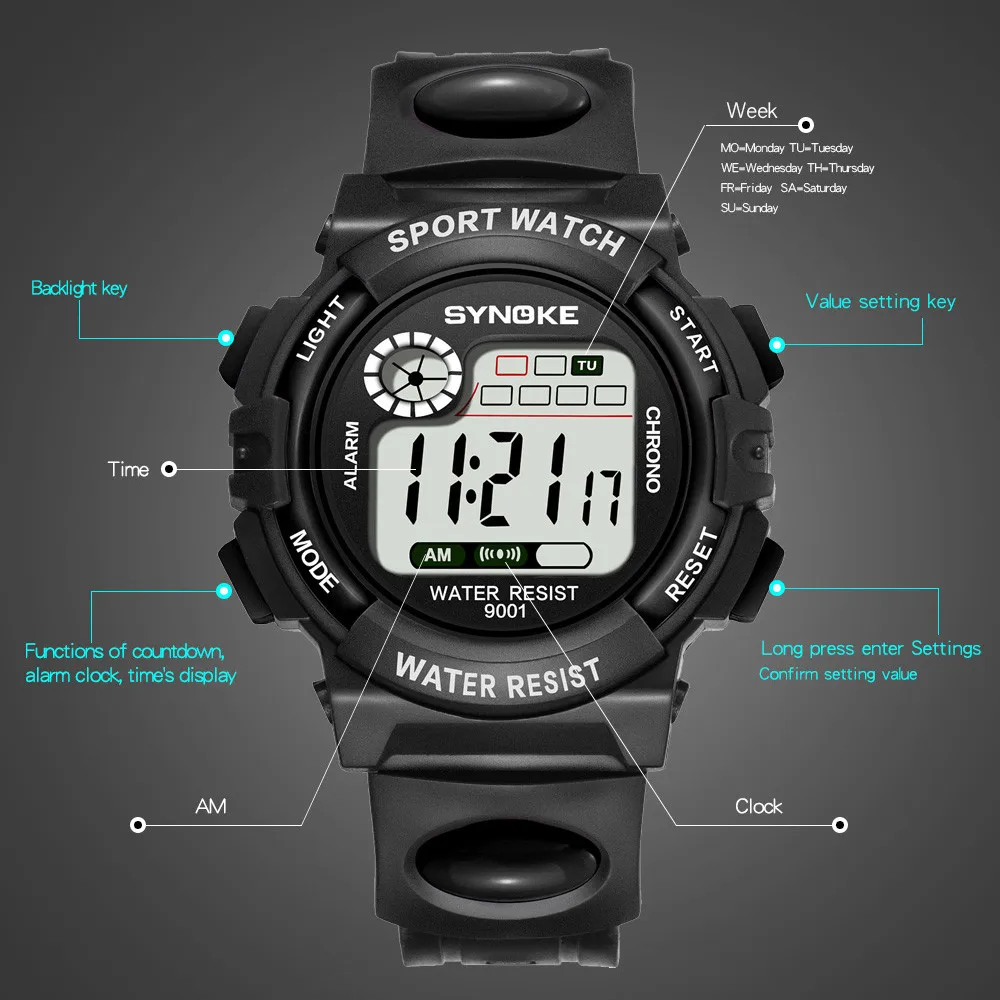 Montre Homme SYNOKE многофункциональные водонепроницаемые часы 30 м светодиодные