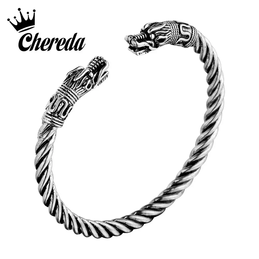 

Chereda Large Silver Viking Dragon Head Bracelet for Men Vintage Norse Viking Adjustable Bangles Women Punk Bar Jewelry