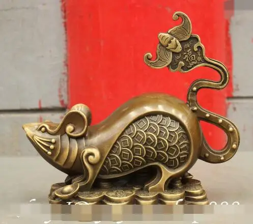 

S5469 10" Exquisite Chinese FengShui Pure Bronze Fu Mouse Ride YuanBao Coin Art Statue