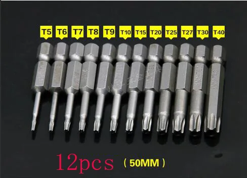 8 размеров Электрический 75 мм длиной 1/4 дюйма с шестигранным хвостовиком магнитный Набор отверток Torx Набор бит T8 T10 T15 T20 T25 T27 T30 T40 - Цвет: 12pcs length 50mm