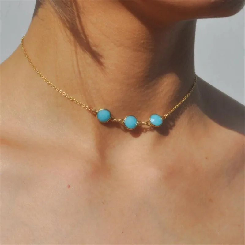 

Vintage Blue Natural Stone Beads Choker Necklace Chic Crystal Pendant Fashion Silver Color Chain Necklaces For Women Jewelry
