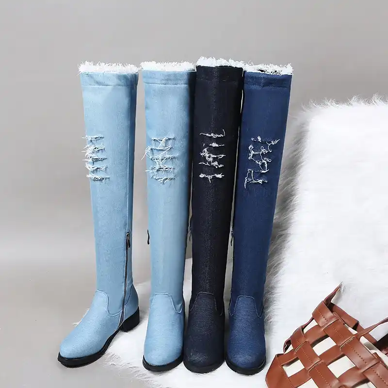 flat denim thigh high boots