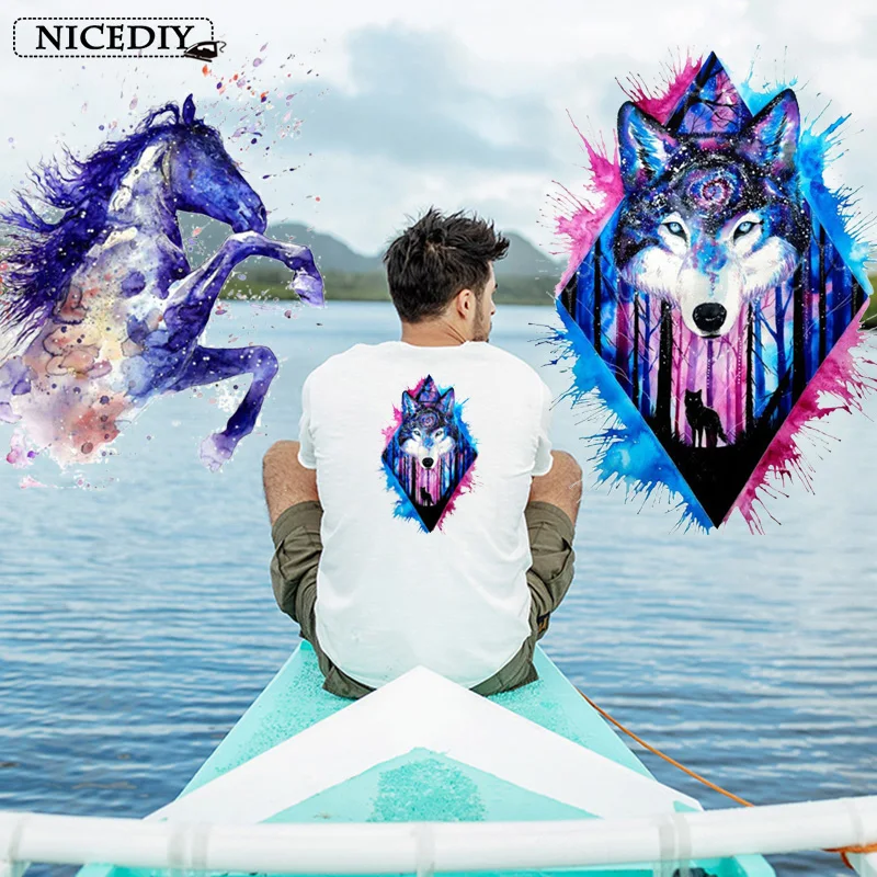 

Nicediy Watercolor Animal Patch Iron On Wolf Patches on Clothes Applique Heat Transfer Vinyl Sticker Applique Washable Badge DIY