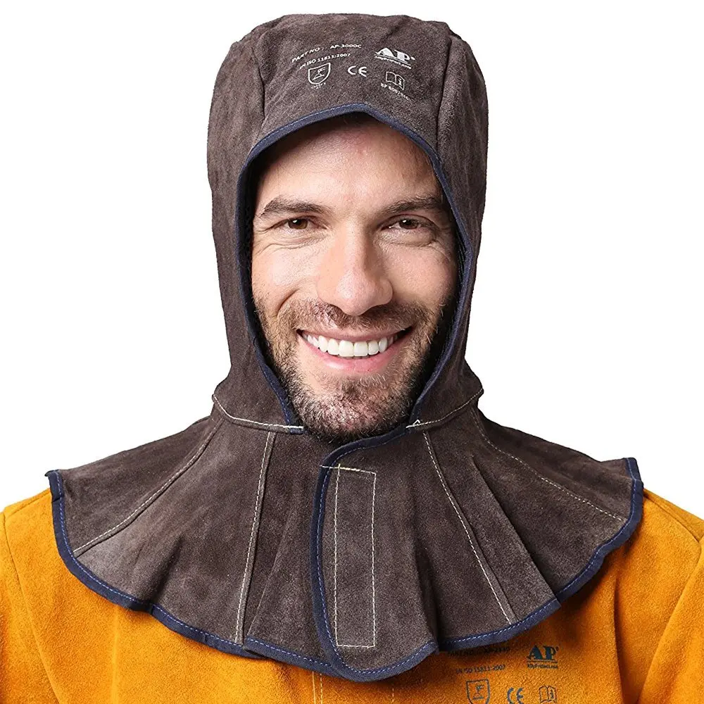 Comprar Capucha de soldadura profesional dividida de cuero de vaca sombrero de soldadura de malla de algodón forro Anti llama cosido CE aprobado campanas de soldadura