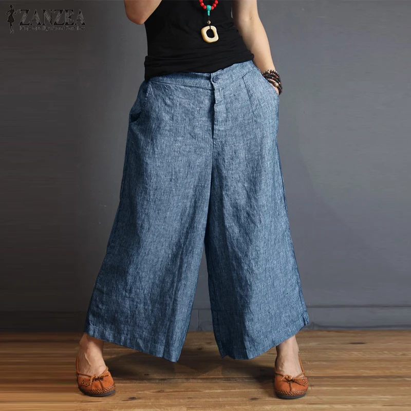 

ZANZEA Women Striped Wide Leg Pants High Waist Pantalon Femme Pockets Casual Baggy Denim Blue Long Trousers Streetwear Plus Size
