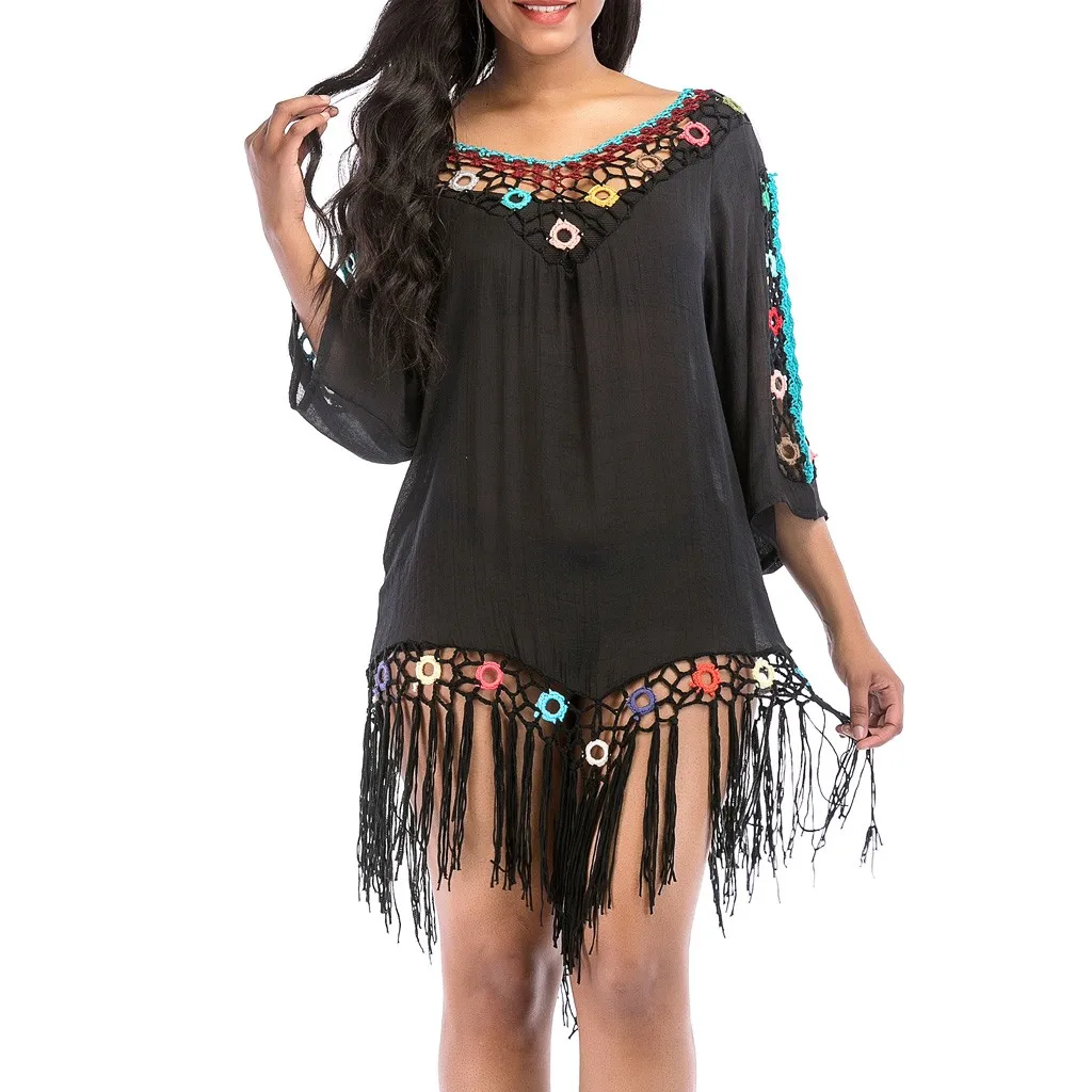 Womail Cover-Ups Sexy Tassel Crochet Beach Cover Up Open Summer Beach Dress Low Waist Swimwear Solid Swimsuit W30418