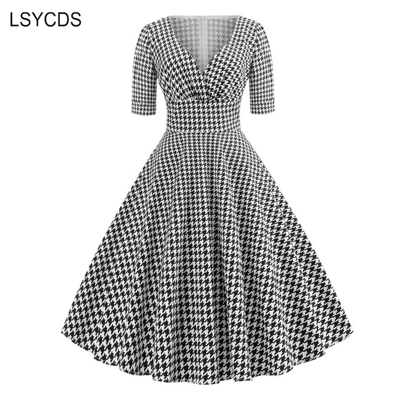 Женское винтажное платье LSYCDS элегантное до колена с v образным вырезом и рукавом
