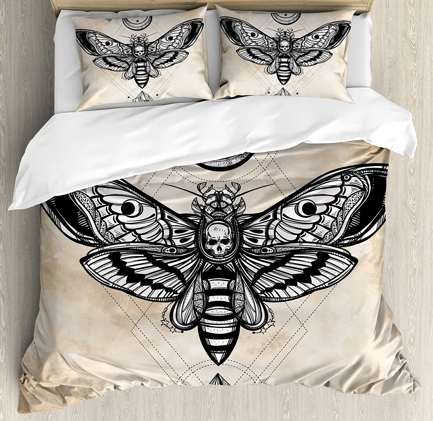 

Fantasy Duvet Cover Set Dead Head Hawk Moth with Luna and Stone Spiritual Magic Skull Illustration, 4 Piece Bedding Set