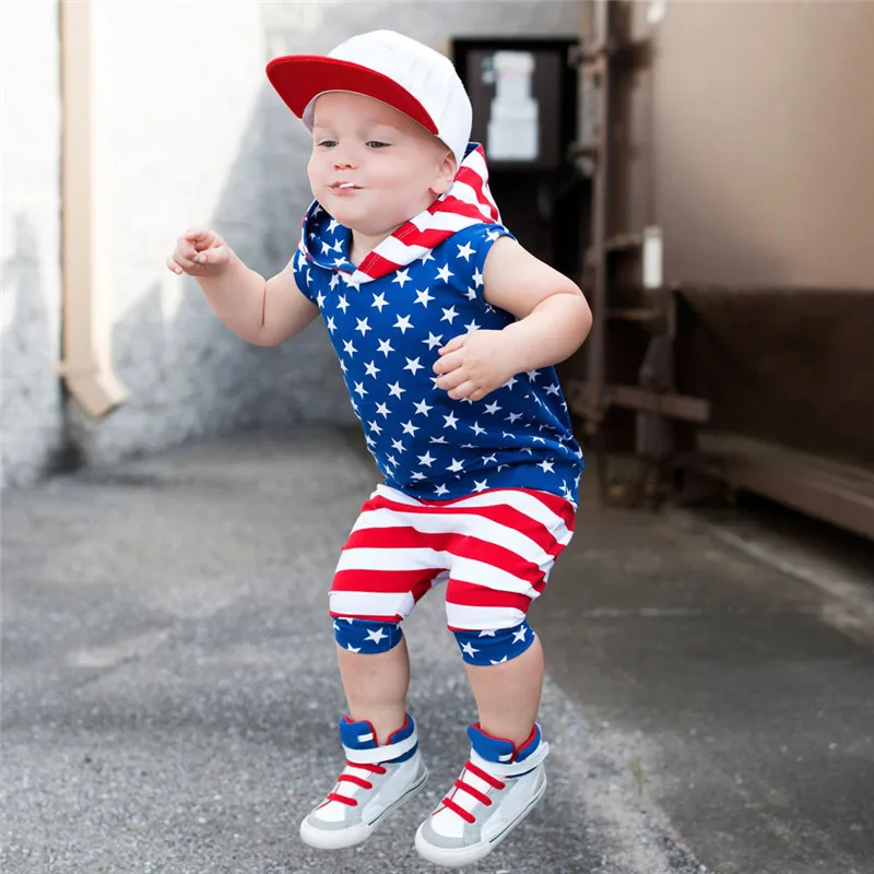 Baby Boy Summer Clothes Toddler Baby 4th of July Stars and Striped Patriotic Hooded Tops+Shorts Outfits Vetement Enfant Garcon