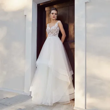 

Eightale Wedding Dress Boho V-Neck A-Line Appliques Lace Princess Beach Wedding Gown Custom made Tulle Sexy Bridal Dresses