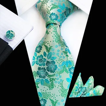 

Lake Blue Classic Flower Silk Ties Hanky Cufflinks Sets Jacquard Woven Tie