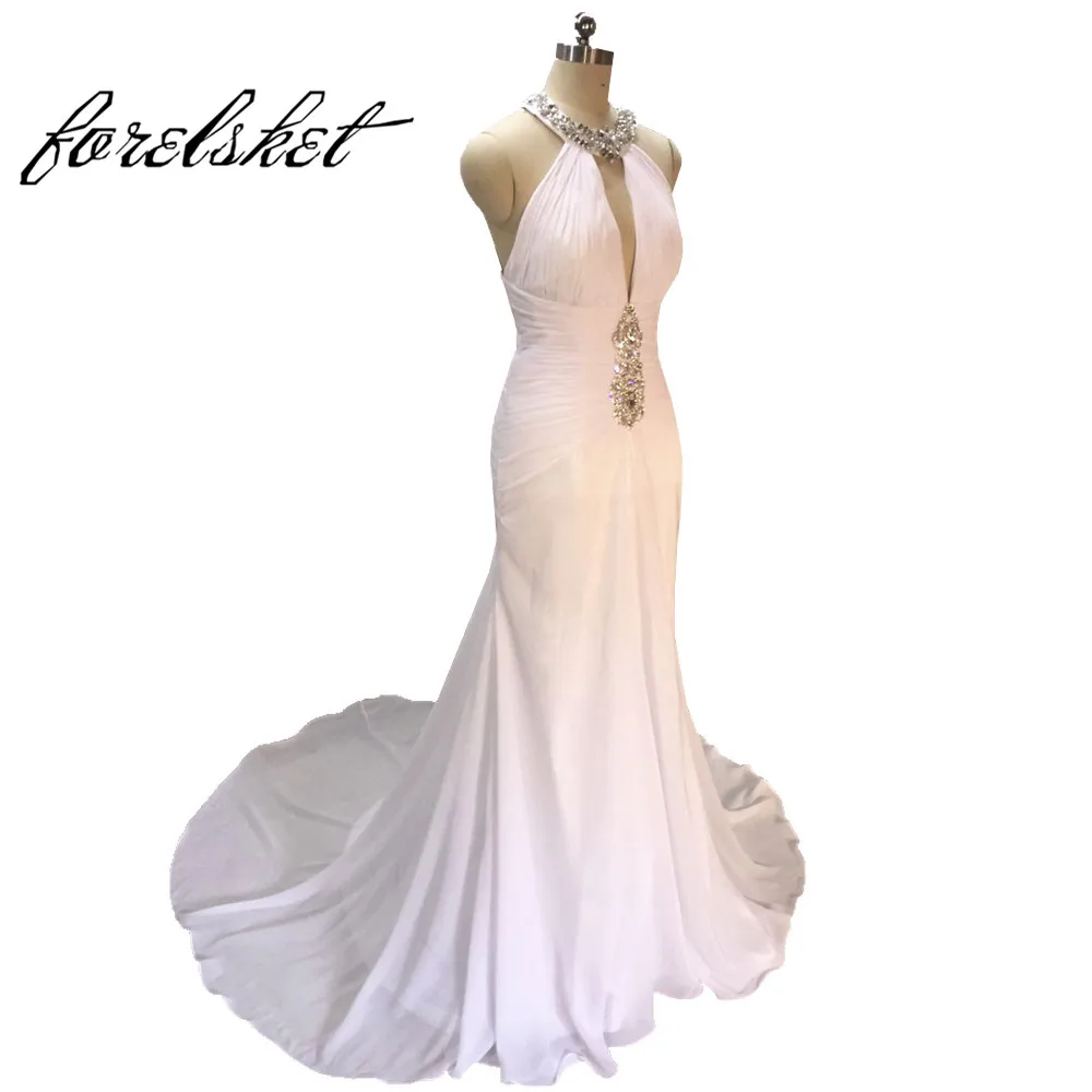 Sparkling Halter Mermaid beach wedding dresses V neck White Chiffon