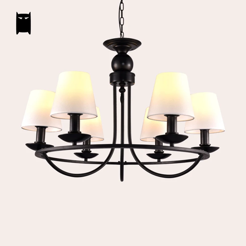 Large Black Wrought Iron Fabric Shade Chandelier Light Fixture Modern Hanging Lamp Lustre Avize Luminaria Dining Living Room