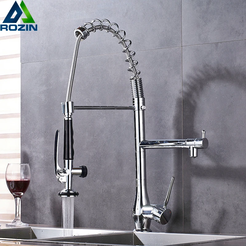 

Bright Chrome Pull Down Kitchen Faucet Deck Mounted Spring 2 Swivel Spout Kitchen Sink Mixer Hot Cold Water Tap Handsfree Head