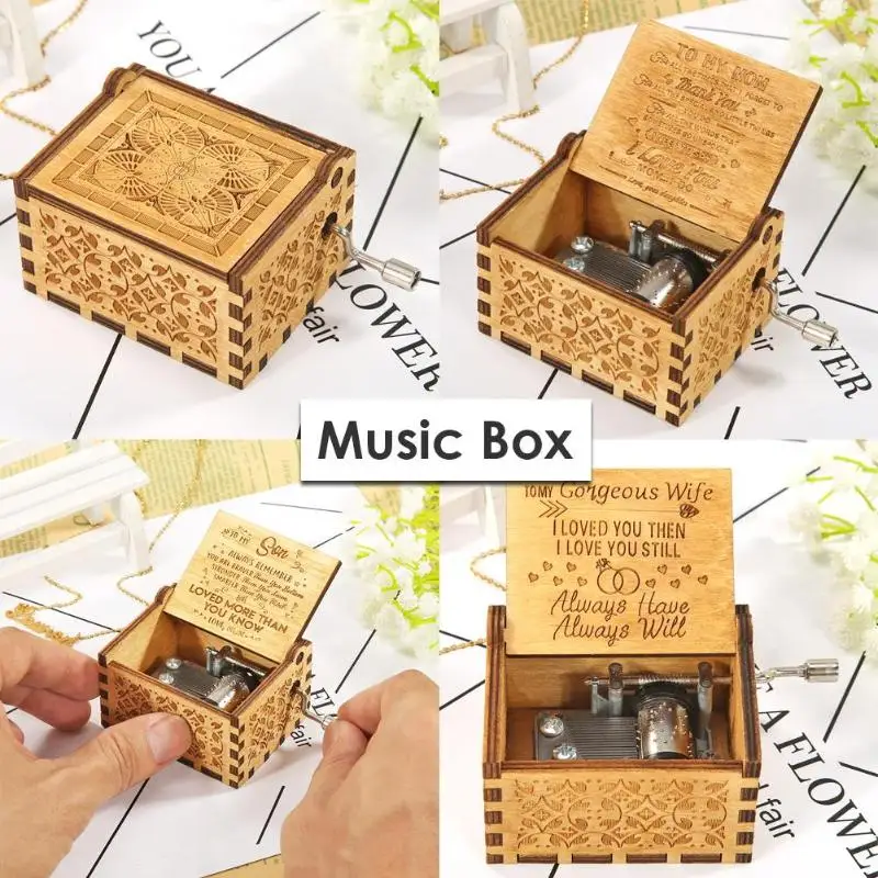 

2019 Retro Exquisite Wooden Hand Cranked Music Box Home Crafts Ornaments Gifts Birch Plywood Music Box for Kids and Adults' Gift