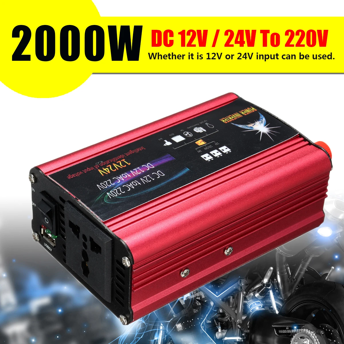 

P EAK 2000W Sine Wave Power Car Inverter Charger DC12/24V To AC 220V USB Converter Aluminum Alloy Protect Voltage Transformer