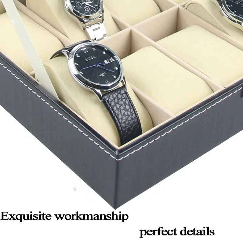 Watch Box Black 10 Grid Leather Fashion Watch Box Display Case Watch Storage Organizer Box Holder Jewelry Box Bracelet Organizer