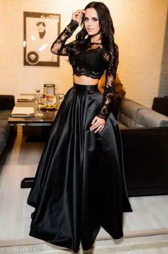 Женский кружевной вечерний бальный наряд для выпускного бала, формальный свадебный комплект с длинной юбкой, сексуальная черная одежда из 2 предметов