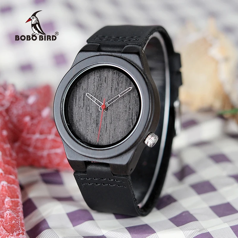 

BOBO BIRD V-B10/P11 Lovers' Black Ebony Wood Watch Black Wooden Dial Red Second Quartz Bracelet Watch montre homme