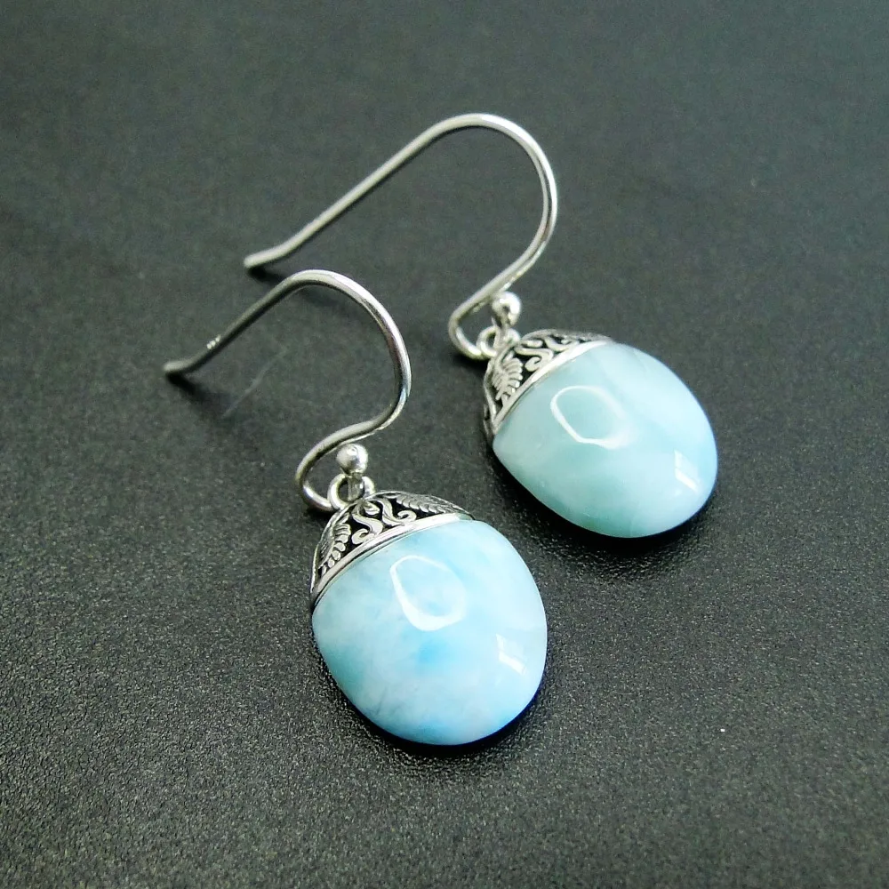 Antique Bohemian Style 925 Sterling Silver Jewelry Dangle Earrings with Natural Larimar Gemstone Drop Dangle Earrings for Woman - Image 2