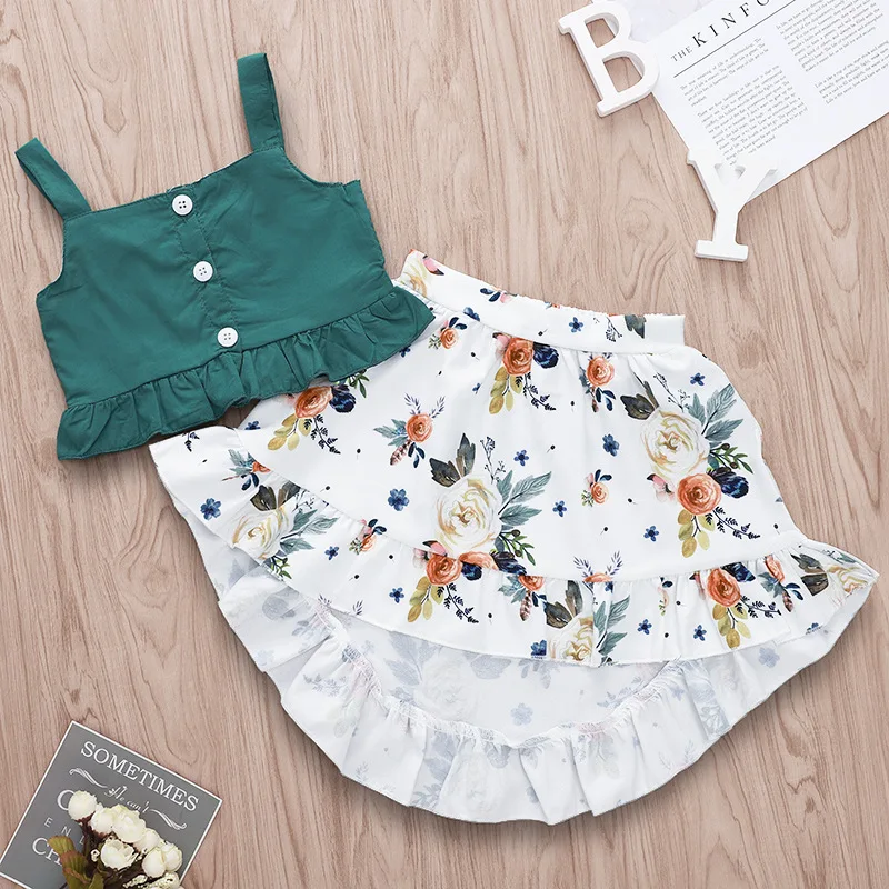 

Summer Girl Clothes 2pcs/set Cute Ruffle Vintage Green Crop Top with Irregular Floral Skirt for Kids Girls Princess Skirt Set