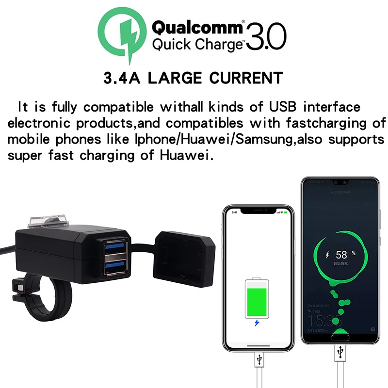 Motorcycle QC3.0 USB Charger Waterproof Dual USB Moto Quick Change QC 3.0 Fast Charging 12-24V for motocicleta 22mm Handlebar