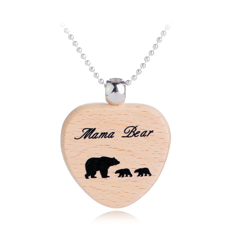 12PC/Lot Fashion Mama And Two Baby Bears Wood Heart Pendant Chain