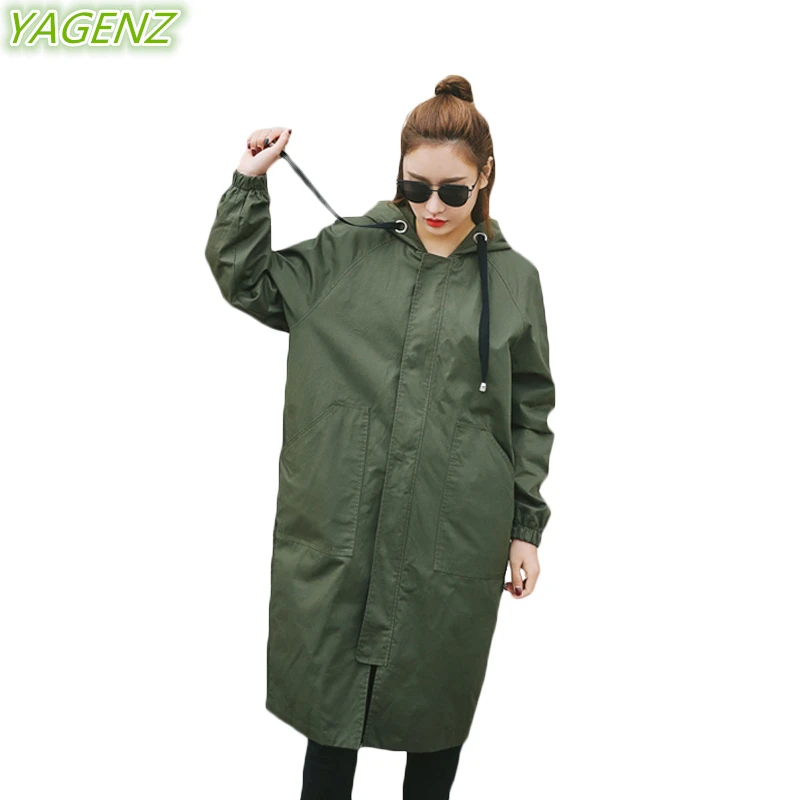 

Autumn Female Loose Hooded Windbreaker 2019 Fashion Army-green Outerwear Women Plus size Casual Overcoat Lady Zipper Trench Coat