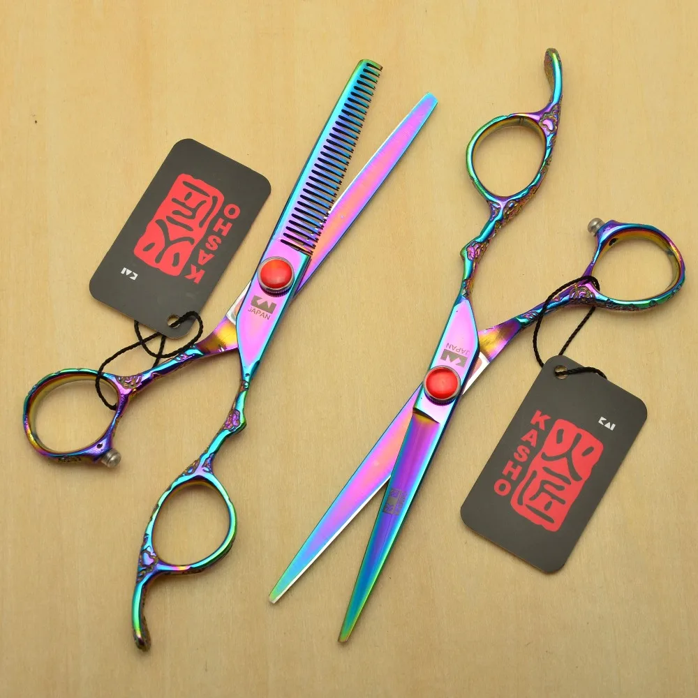 

2Pcs 9002# 6'' Purple Kasho Personalized Hairdressing Scissors 440C Cutting + Thinning Scissors Professional Human Hair Scissors