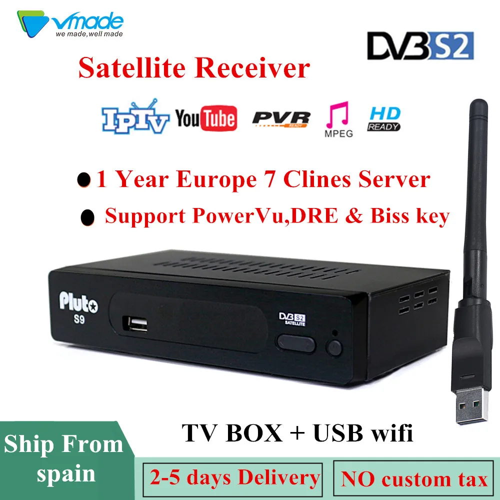 Pluto S9 HD рецептор DVB-S2 спутниковый ТВ приемник декодер с 7 линиями Европа CCcam+ USB wifi 1080P Поддержка Испания CCCAM tv BOX